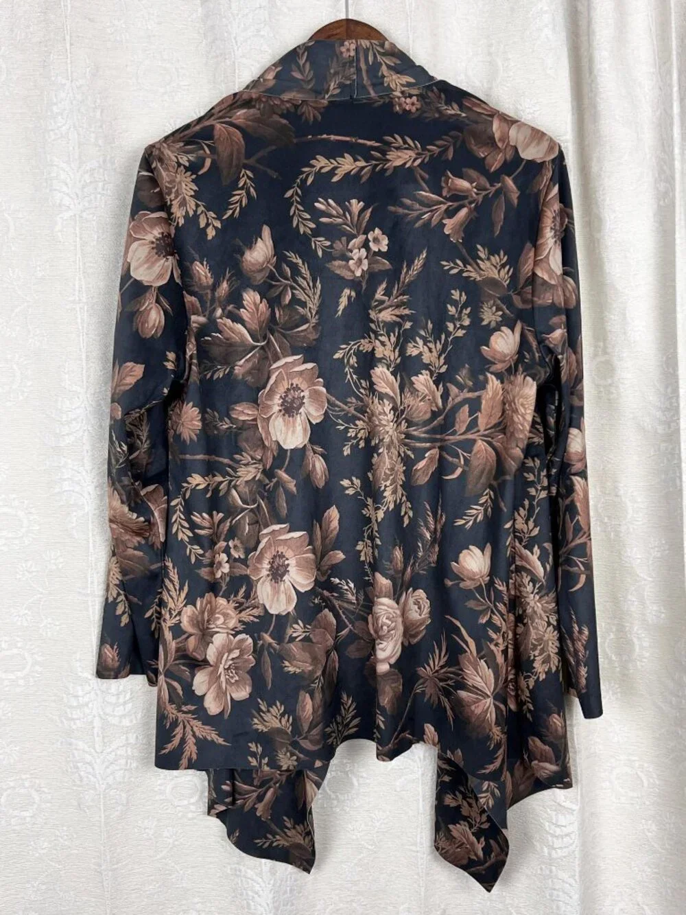 Soft Surroundings Shape Drape open jacket brown floral stretch faux suede boho